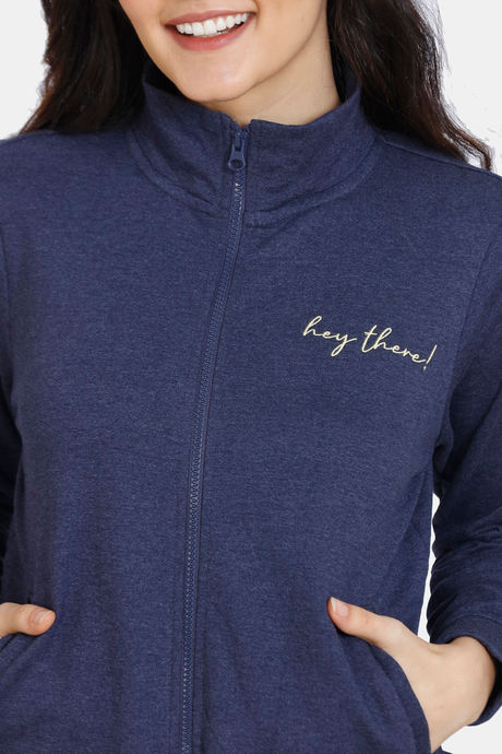 Zivame Fleece Marl Knit Cotton Hoodie With Soft Brushed Back - Crown Blue — image 5